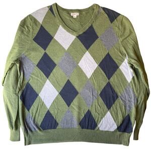 Merona Men Sweater size XL Long Sleeve Knit V-neck Plaid Green & Gray